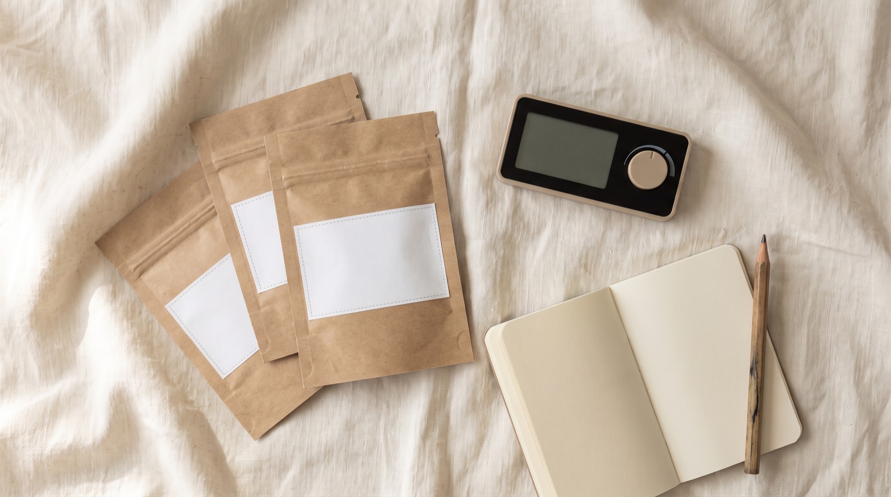 Des sachets en papier kraft aux étiquettes vierges, un thermo-hygromètre et un carnet posés sur du lin